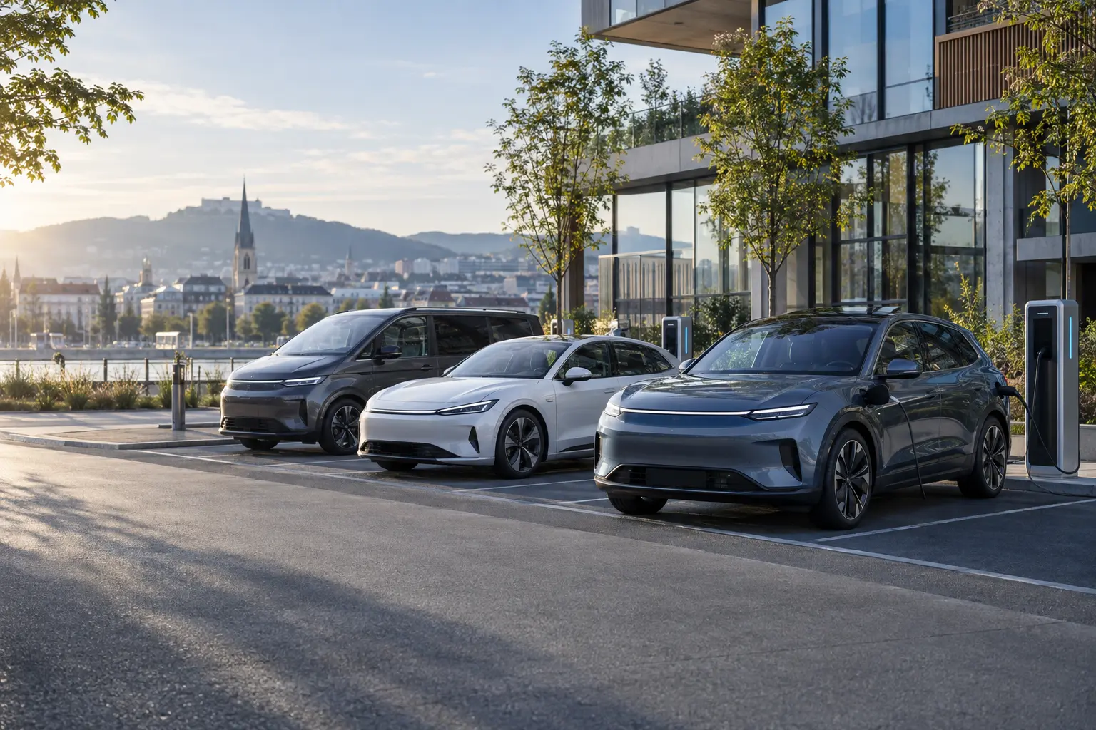 Konzeptdarstellung moderner Elektrofahrzeuge an einem urbanen Ladestandort